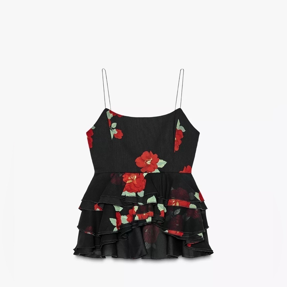🔥🔥Zara Black top  with Red Floral Design - Picture 2 of 3
